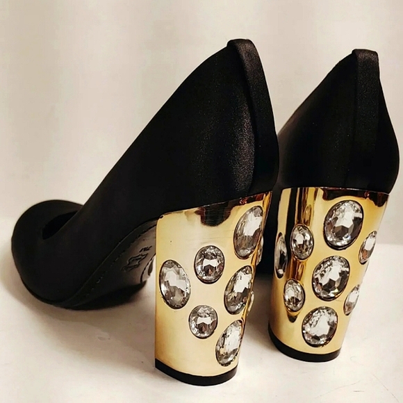 TORY BURCH Black Satin Round Toe/Gold Rhinestoned Block Hi-Heel Women's Size 7M - Picture 11 of 12
